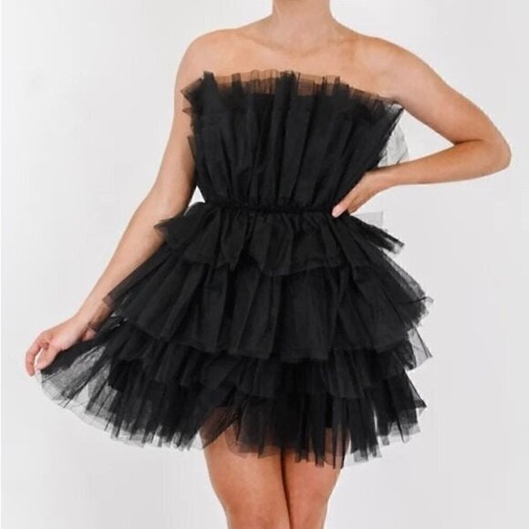 Mable Organza Tube Ruffle Mini Dress Black Women's Size S - Picture 3 of 16